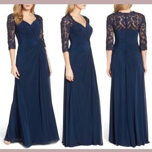 NEW La Femme [SZ 8 ] Ruched Twisted Lace Sleeve Column Gown in‎ Navy